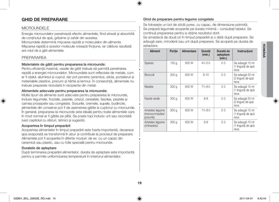 Samsung GE86V-WW/BOL, GE86V-SS/BOL, GE86V-SS/XEO manual Ghid de preparare, Microundele, Prepararea 