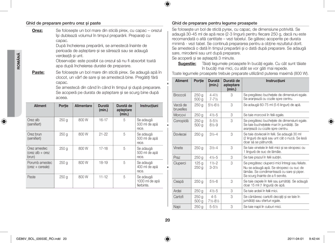 Samsung GE86V-SS/XEO, GE86V-SS/BOL, GE86V-WW/BOL manual Aliment Porţie Durată Durată de Instrucţiuni 