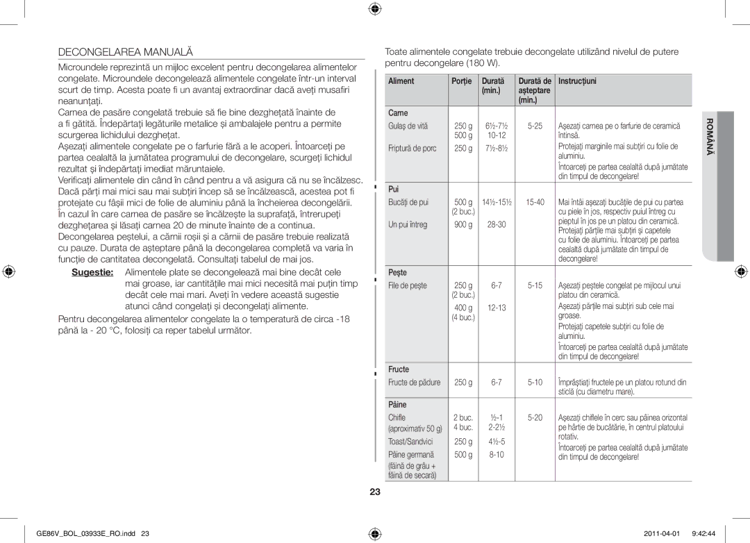 Samsung GE86V-SS/XEO, GE86V-SS/BOL, GE86V-WW/BOL manual Decongelarea Manuală, Aliment Porţie Durată 