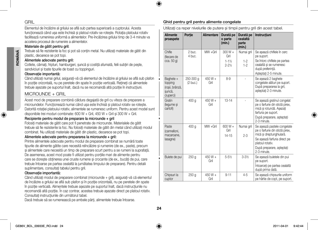 Samsung GE86V-SS/BOL, GE86V-WW/BOL manual Microunde + Gril, Recipiente pentru modul de preparare la microunde + gril 