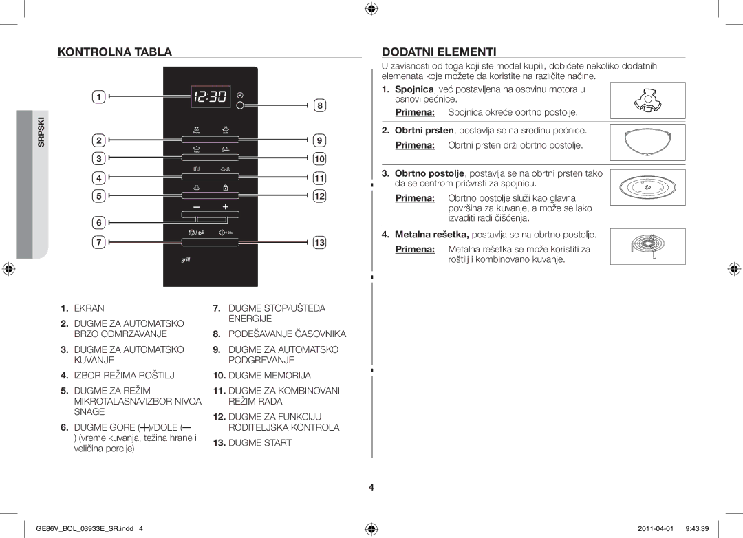 Samsung GE86V-SS/XEO manual Kontrolna tabla, Dodatni elementi, Vreme kuvanja, težina hrane, Veličina porcije, Primena 