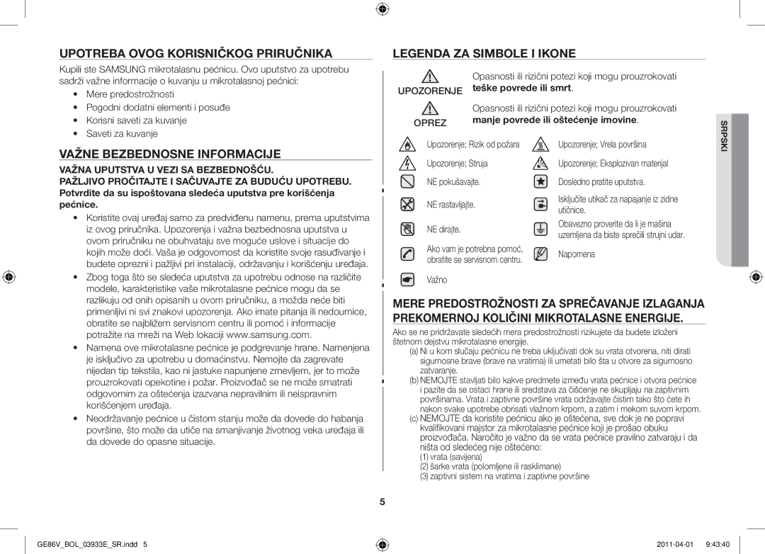 Samsung GE86V-SS/BOL, GE86V-WW/BOL, GE86V-SS/XEO manual Upotreba ovog korisničkog priručnika, Važne bezbednosne informacije 