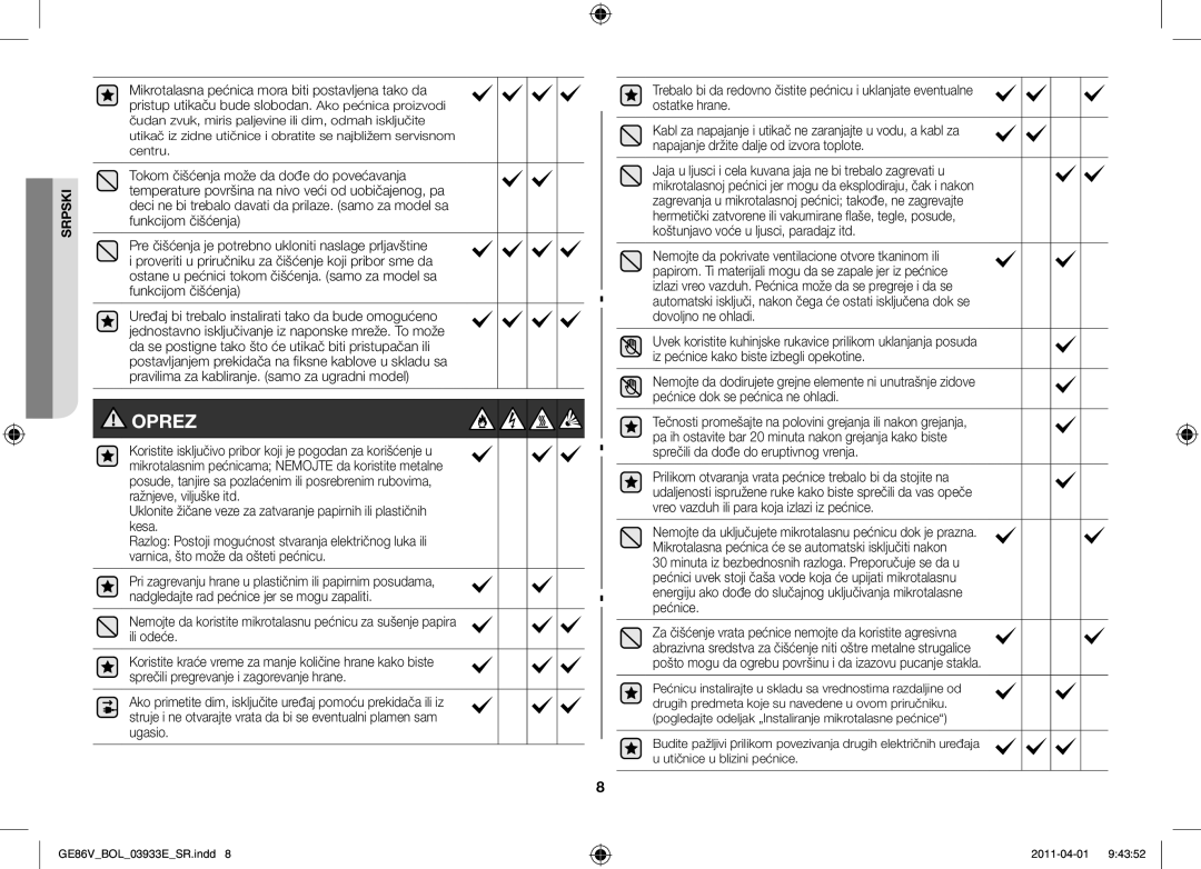 Samsung GE86V-SS/BOL, GE86V-WW/BOL, GE86V-SS/XEO manual Oprez 