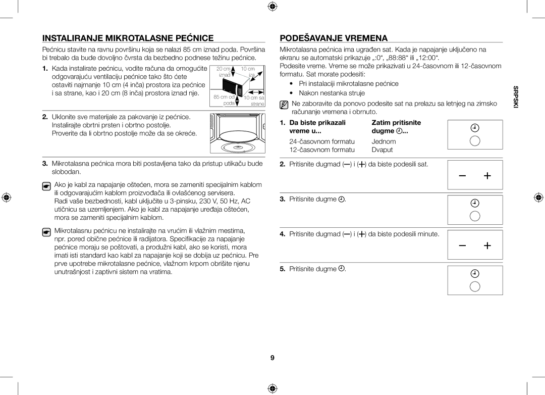 Samsung GE86V-WW/BOL, GE86V-SS/BOL Instaliranje mikrotalasne pećnice, Podešavanje vremena, Računanje vremena i obrnuto 