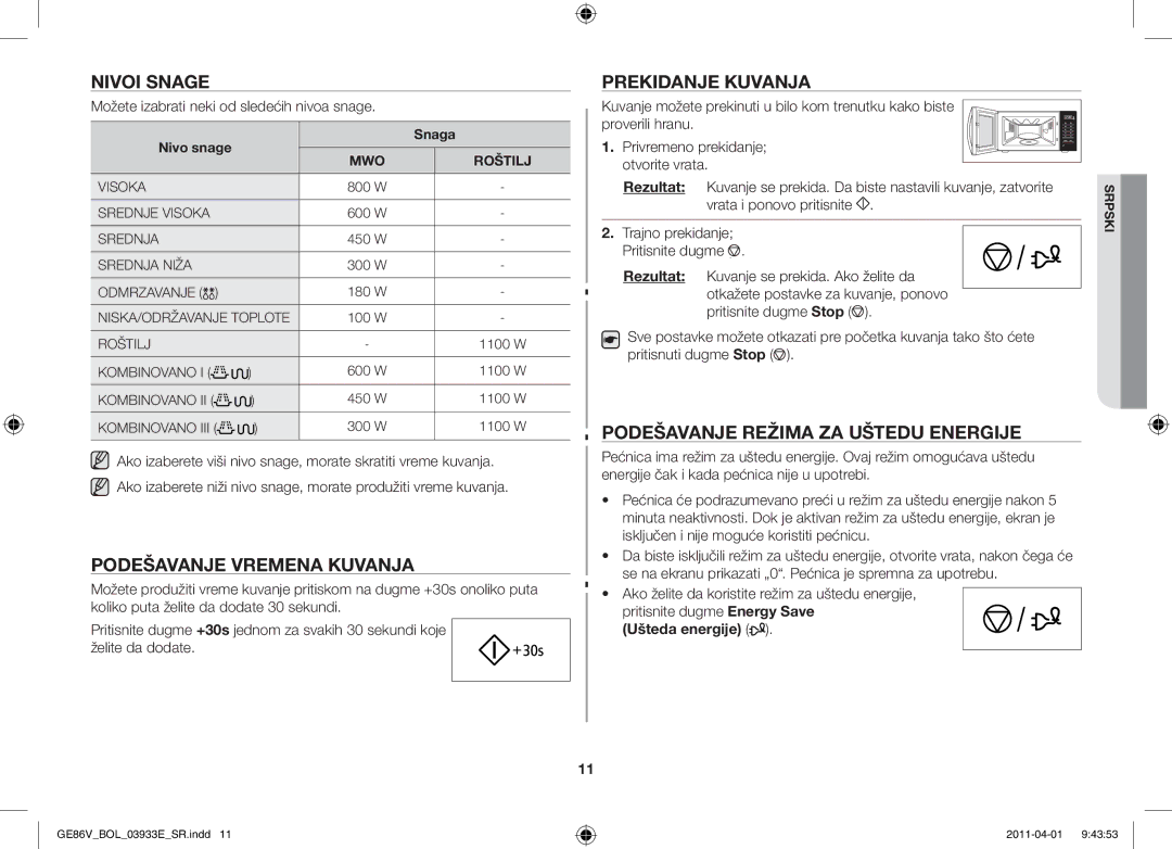 Samsung GE86V-SS/BOL Nivoi snage, Podešavanje vremena kuvanja, Prekidanje kuvanja, Podešavanje režima za uštedu energije 