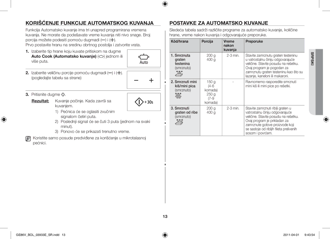 Samsung GE86V-SS/XEO, GE86V-SS/BOL, GE86V-WW/BOL Korišćenje funkcije automatskog kuvanja, Postavke za automatsko kuvanje 