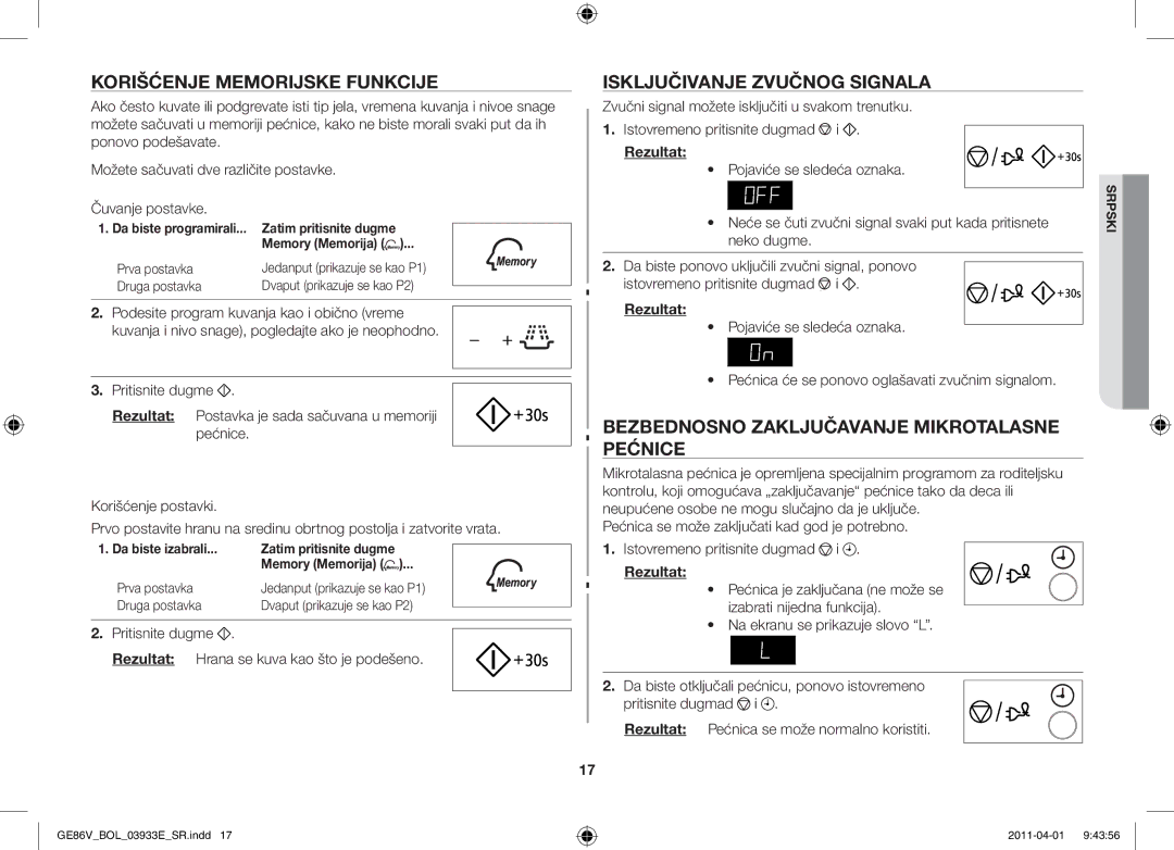 Samsung GE86V-SS/BOL manual Korišćenje memorijske funkcije, Bezbednosno zaključavanje mikrotalasne pećnice, Druga postavka 