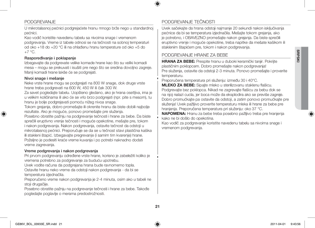 Samsung GE86V-WW/BOL, GE86V-SS/BOL, GE86V-SS/XEO manual Podgrevanje Tečnosti, Podgrevanje Hrane ZA Bebe 