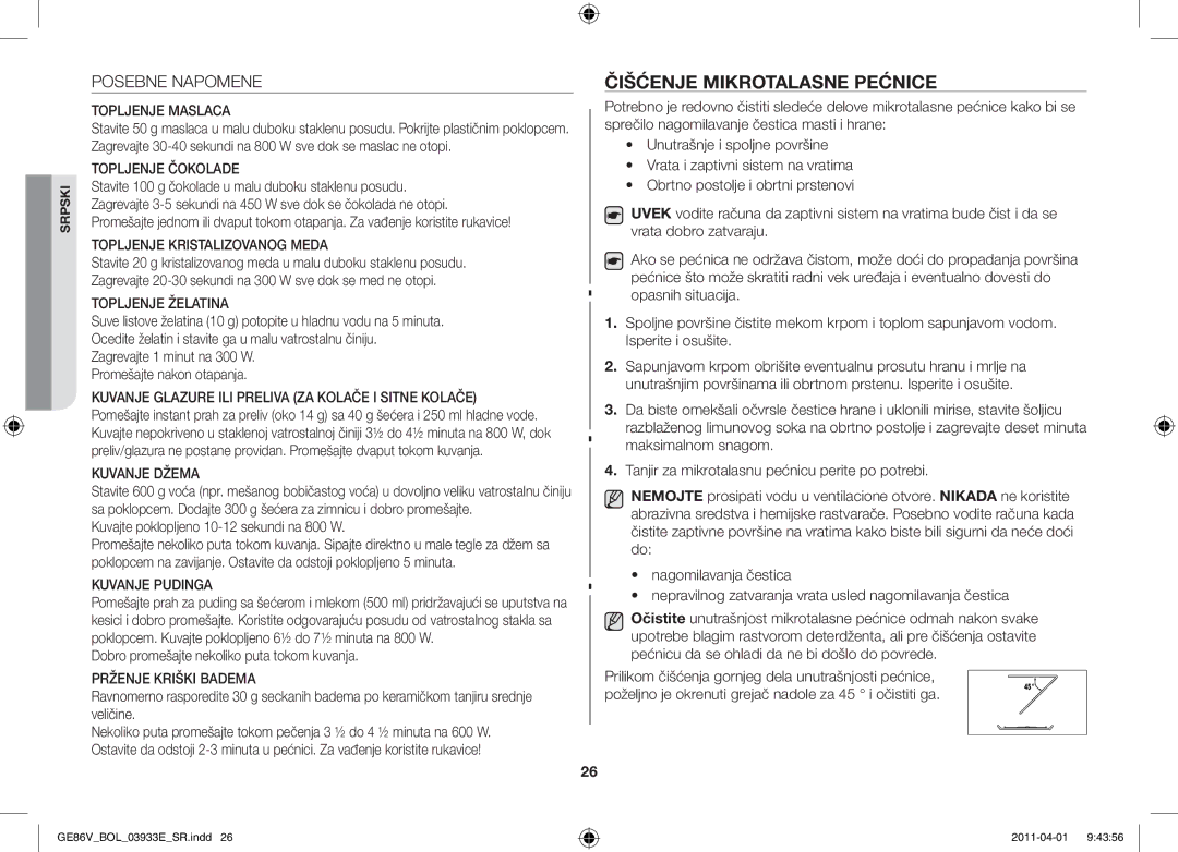 Samsung GE86V-SS/BOL manual Čišćenje mikrotalasne pećnice, Posebne Napomene, Kuvajte poklopljeno 10-12 sekundi na 800 W 