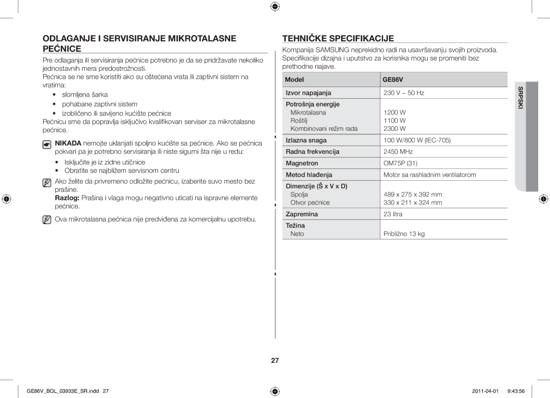 Samsung GE86V-WW/BOL, GE86V-SS/BOL, GE86V-SS/XEO manual Odlaganje i servisiranje mikrotalasne pećnice, Tehničke specifikacije 