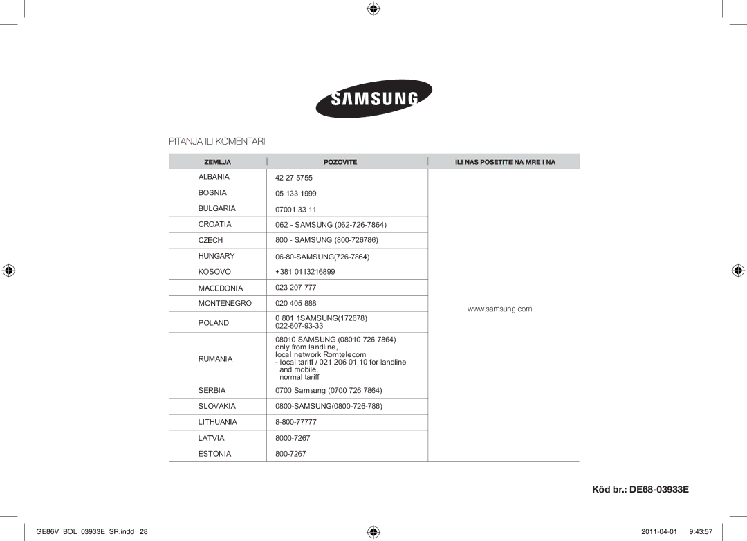 Samsung GE86V-SS/XEO, GE86V-SS/BOL, GE86V-WW/BOL manual Kôd br. DE68-03933E, 42 27 