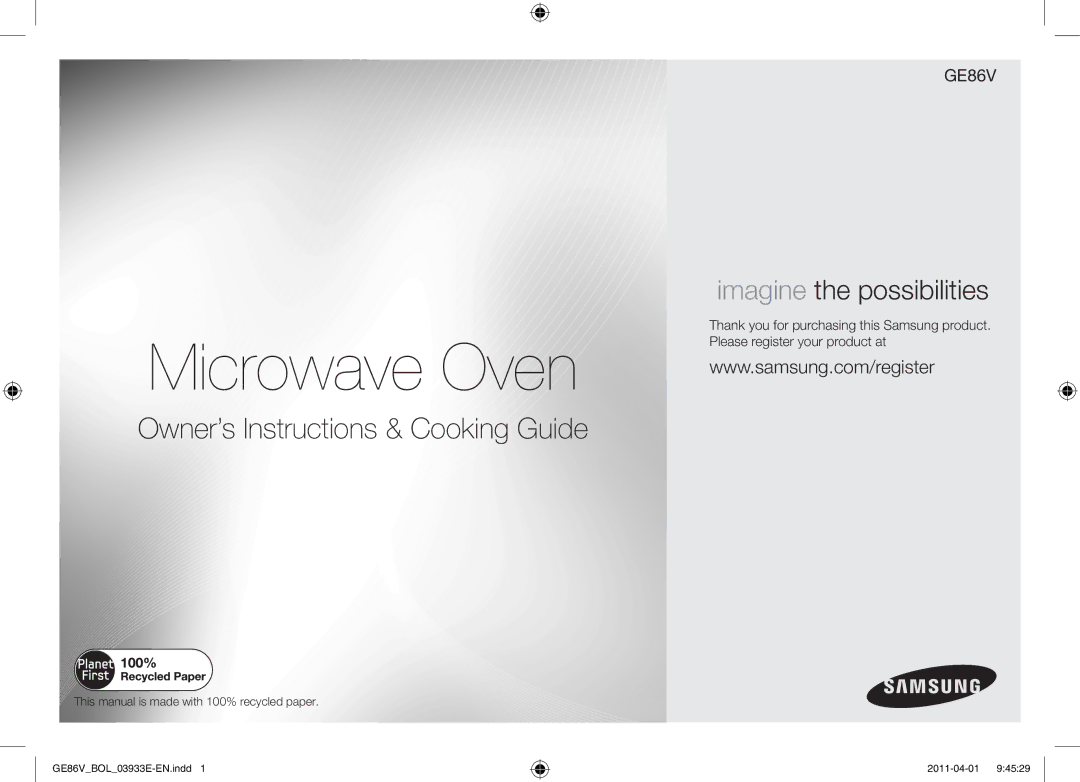 Samsung GE86V-SS/BOL, GE86V-WW/BOL, GE86V-SS/XEO Microwave Oven, This manual is made with 100% recycled paper 