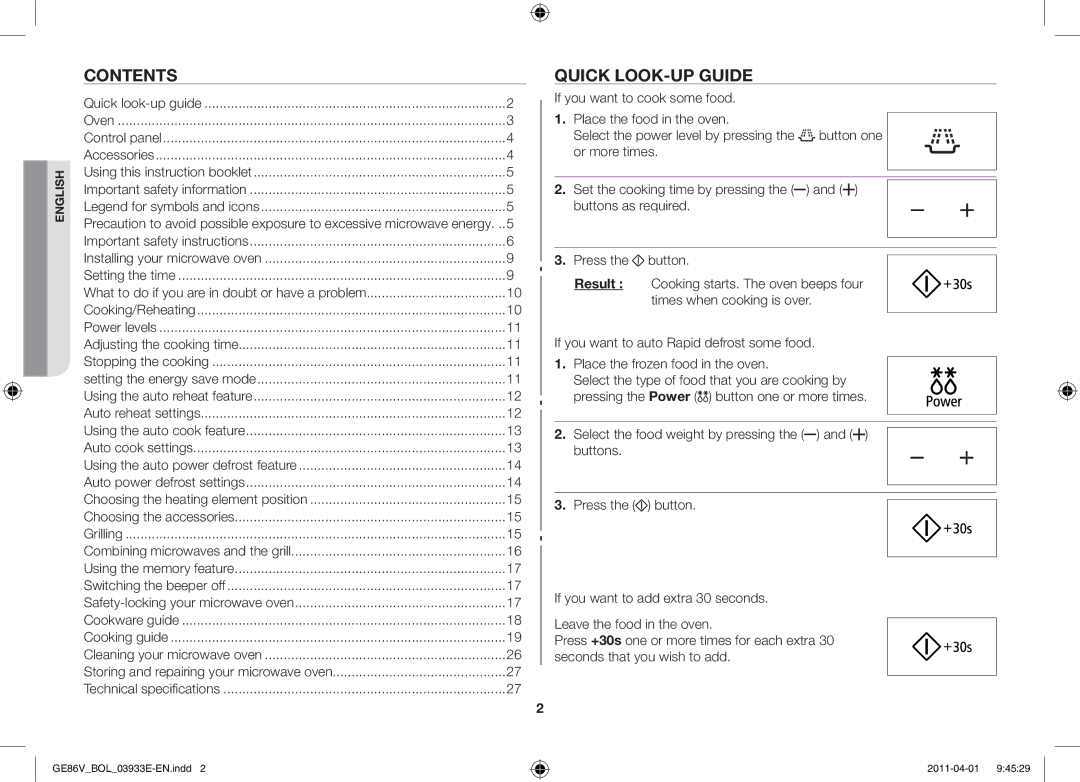 Samsung GE86V-WW/BOL, GE86V-SS/BOL, GE86V-SS/XEO manual Contents, Quick look-up guide 