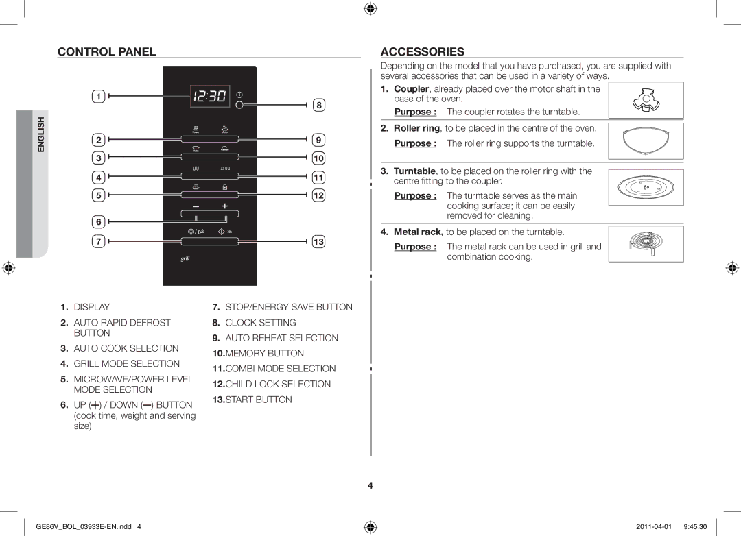 Samsung GE86V-SS/BOL, GE86V-WW/BOL manual Control panel, Accessories, UP / Down Button cook time, weight and serving size 