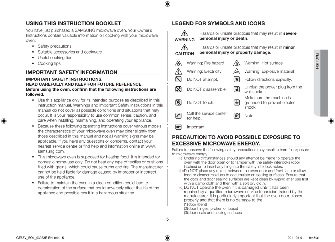 Samsung GE86V-WW/BOL Using this instruction booklet, Important safety information, Personal injury or property damage 