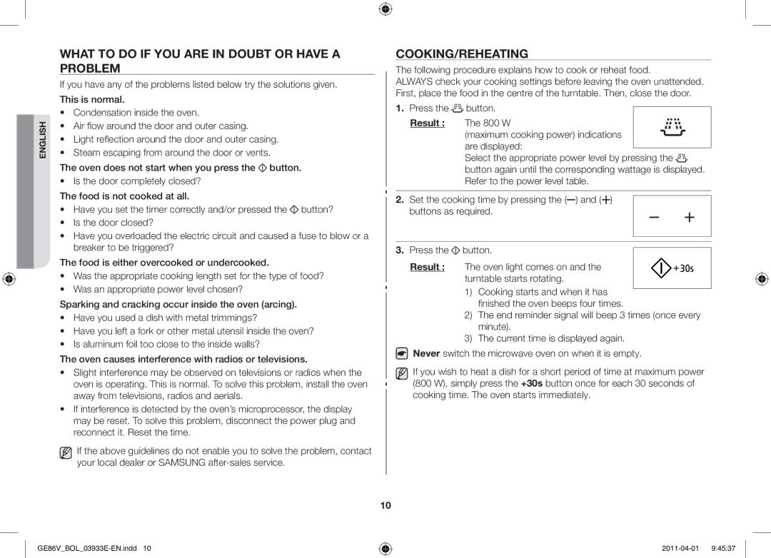 Samsung GE86V-SS/BOL, GE86V-WW/BOL manual What to do if you are in doubt or have a problem, Cooking/Reheating, Result 