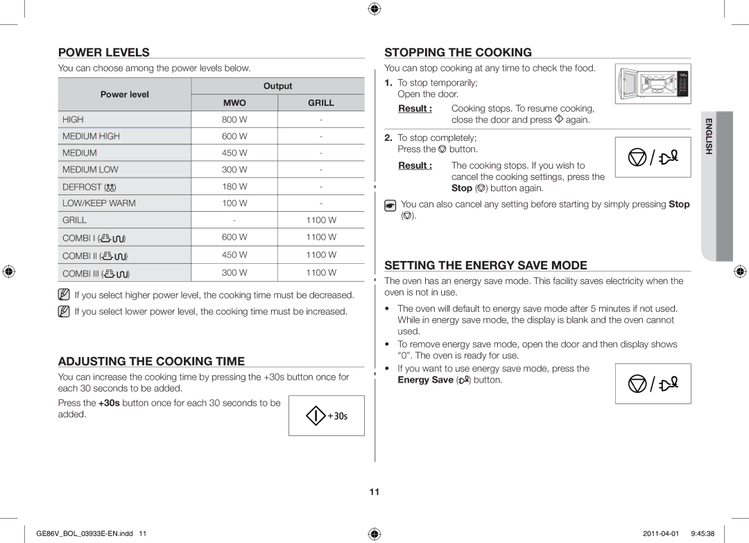 Samsung GE86V-WW/BOL manual Power levels, Adjusting the cooking time, Stopping the cooking, Setting the energy save mode 