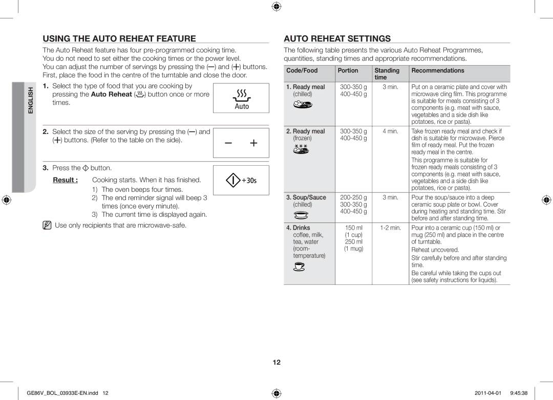 Samsung GE86V-SS/XEO Using the auto reheat feature, Auto reheat settings, Code/Food Portion Standing Recommendations Time 