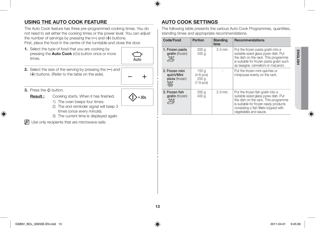 Samsung GE86V-SS/BOL, GE86V-WW/BOL, GE86V-SS/XEO manual Using the auto cook feature, Auto cook settings 