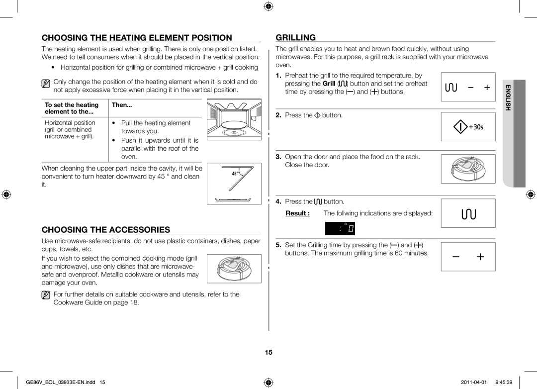 Samsung GE86V-SS/XEO, GE86V-SS/BOL, GE86V-WW/BOL Choosing the heating element position, Choosing the accessories, Grilling 