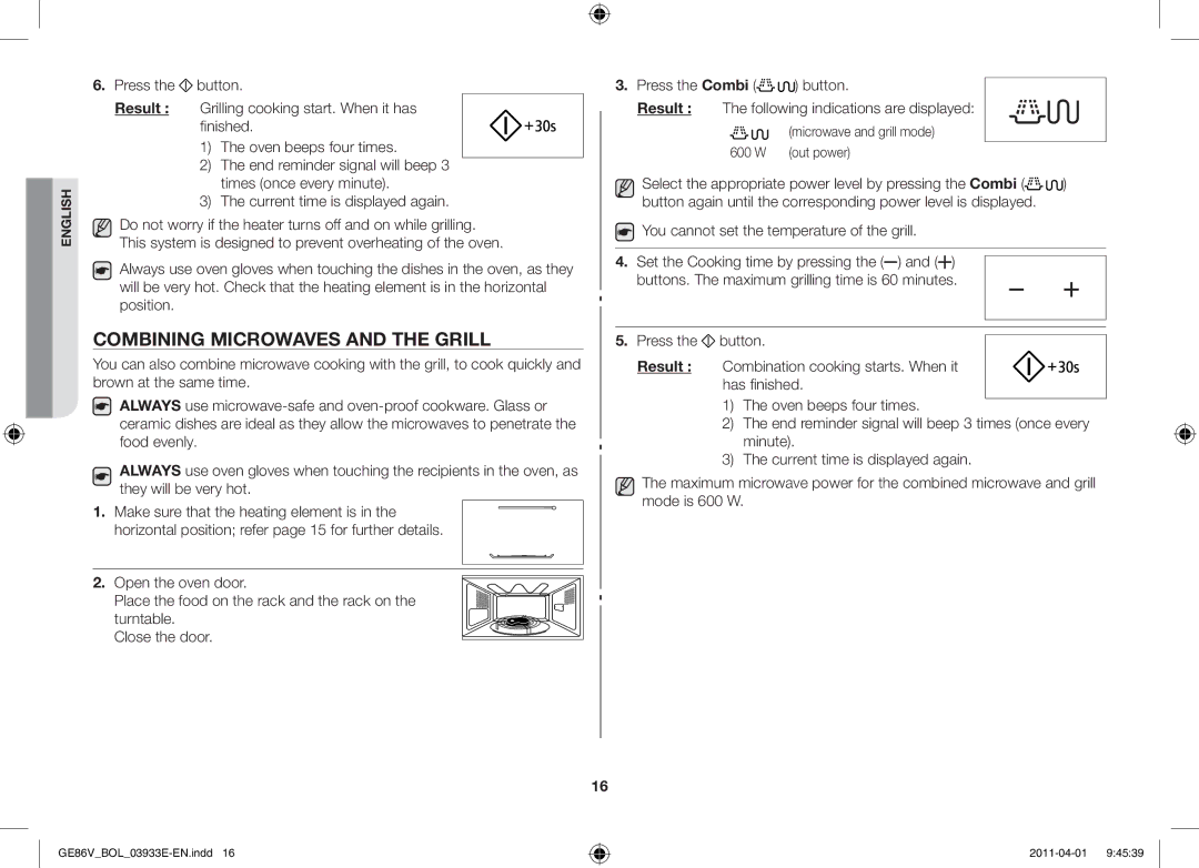 Samsung GE86V-SS/BOL, GE86V-WW/BOL, GE86V-SS/XEO manual Combining microwaves and the grill 