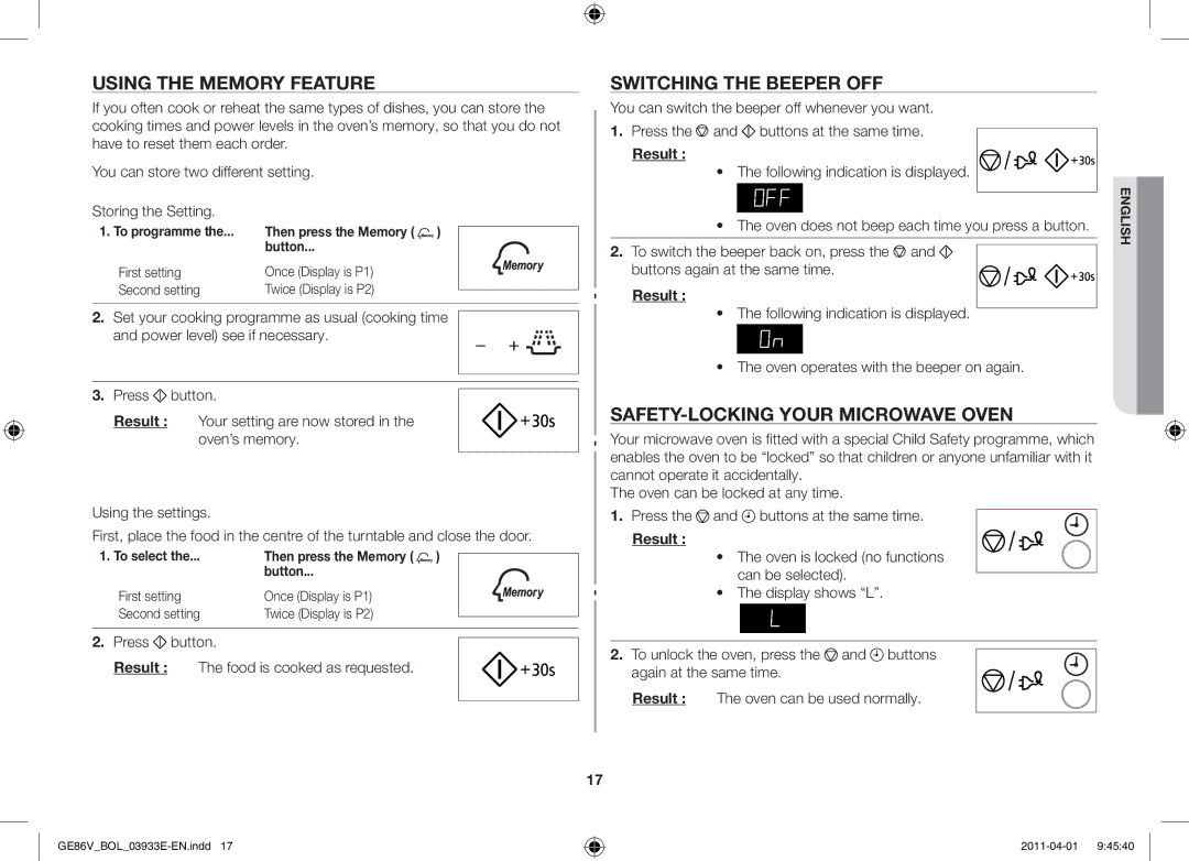 Samsung GE86V-WW/BOL, GE86V-SS/BOL Using the memory feature, Switching the beeper off, Safety-locking your microwave oven 