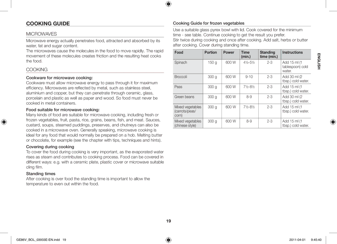 Samsung GE86V-SS/BOL, GE86V-WW/BOL manual Cooking guide, Microwaves, Food Portion Power Time Standing Instructions Min 