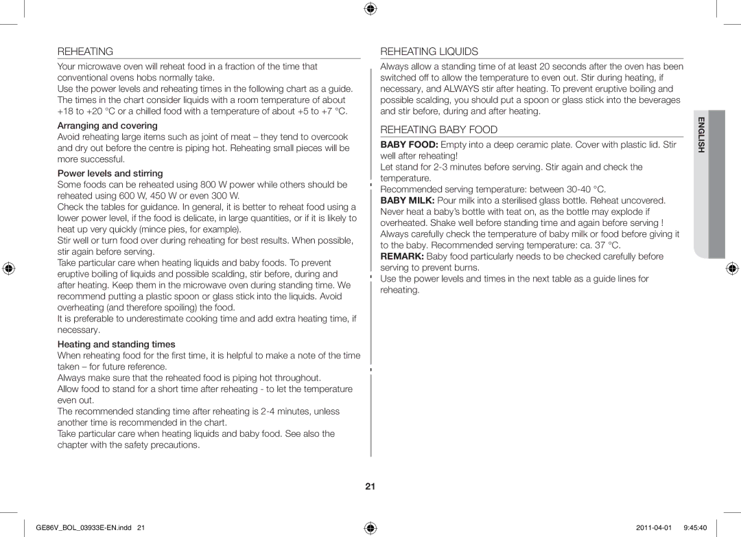 Samsung GE86V-SS/XEO, GE86V-SS/BOL, GE86V-WW/BOL manual Reheating Liquids, Reheating Baby Food 