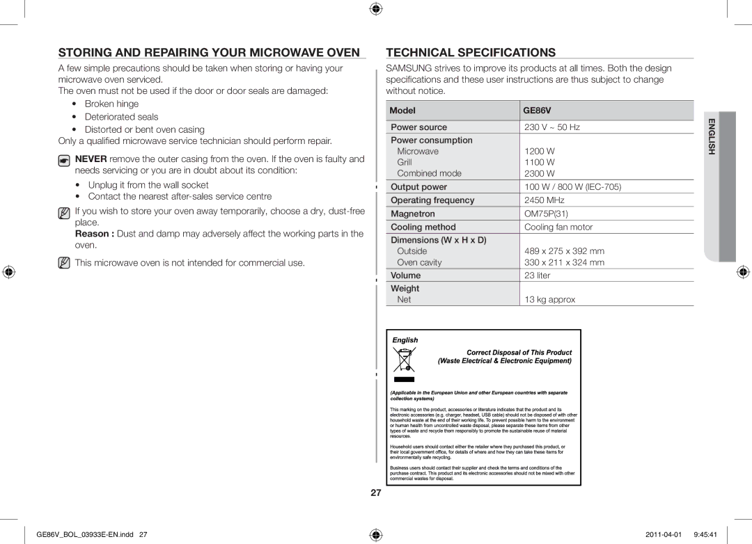 Samsung GE86V-SS/XEO, GE86V-SS/BOL, GE86V-WW/BOL manual Storing and repairing your microwave oven, Technical specifications 