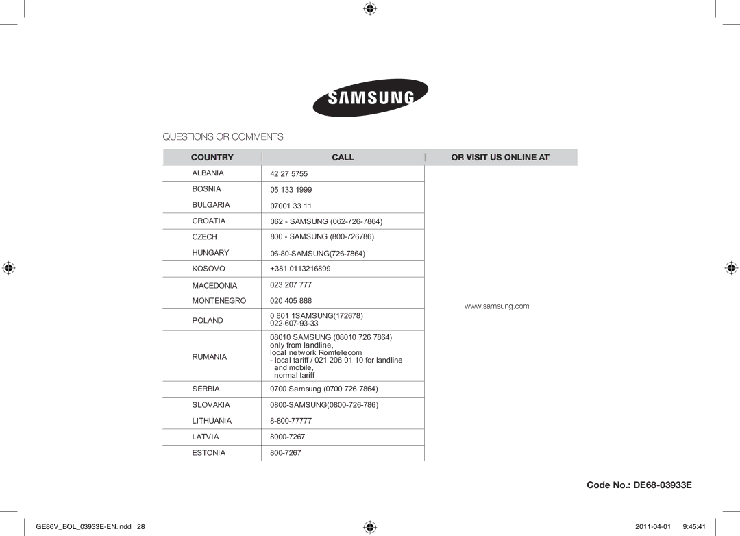 Samsung GE86V-SS/BOL, GE86V-WW/BOL, GE86V-SS/XEO manual Code No. DE68-03933E, 42 27 