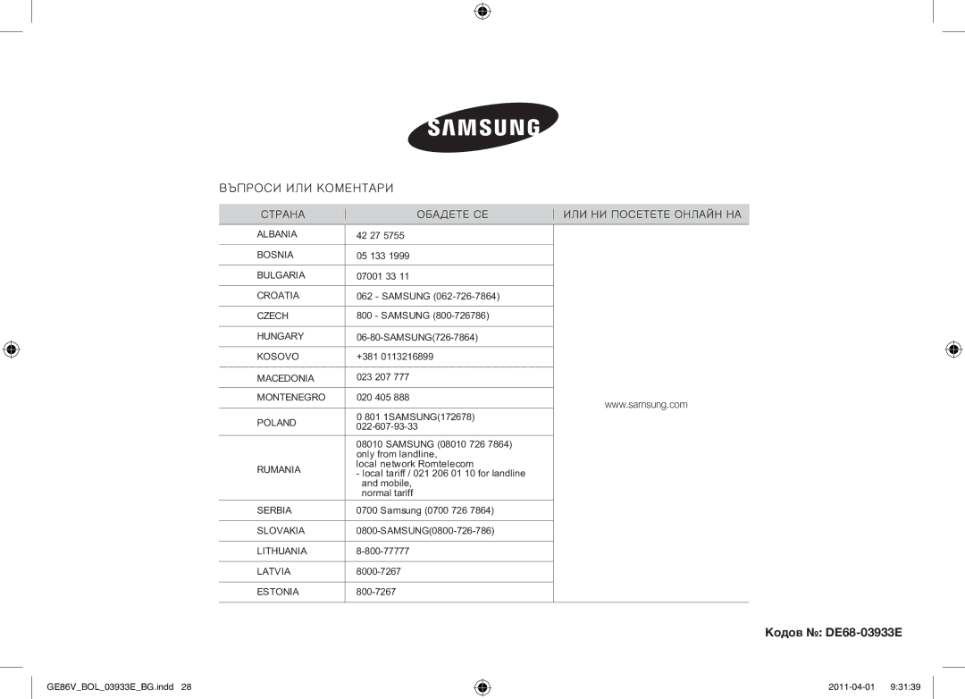 Samsung GE86V-WW/BOL, GE86V-SS/BOL, GE86V-SS/XEO manual Кодов DE68-03933E 