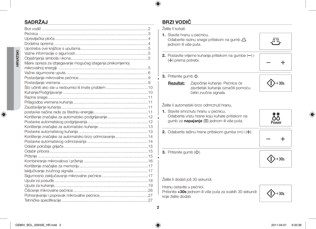 Samsung GE86V-SS/BOL, GE86V-WW/BOL manual Sadržaj, Brzi vodič, Mjere opreza za izbjegavanje mogućeg izlaganja prekomjernoj 