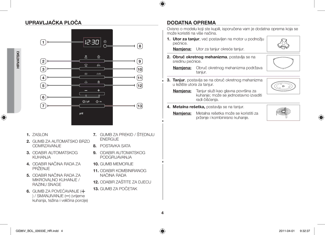 Samsung GE86V-SS/XEO manual Upravljačka ploča, Dodatna oprema, Obruč okretnog mehanizma, postavlja se na sredinu pećnice 