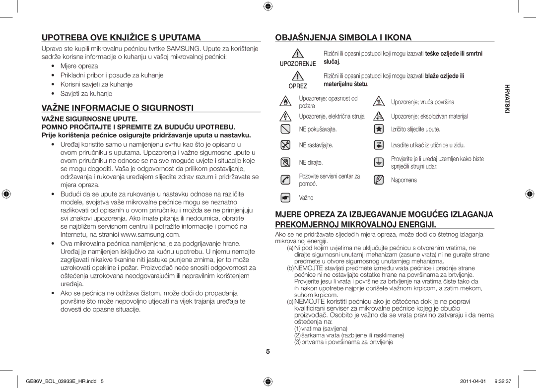 Samsung GE86V-SS/BOL manual Upotreba ove knjižice s uputama Objašnjenja simbola i ikona, Važne informacije o sigurnosti 