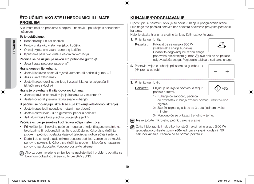 Samsung GE86V-SS/XEO, GE86V-SS/BOL, GE86V-WW/BOL Što učiniti ako ste u nedoumici ili imate problem, Kuhanje/Podgrijavanje 