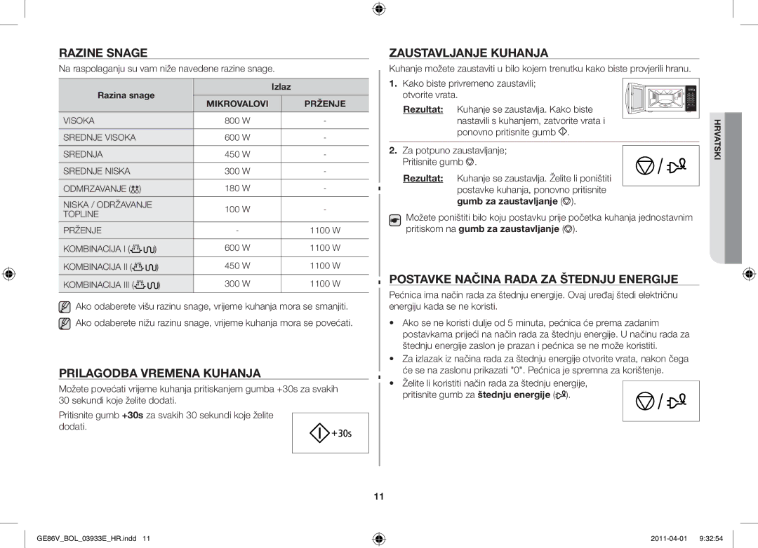 Samsung GE86V-SS/BOL, GE86V-WW/BOL, GE86V-SS/XEO manual Razine snage, Prilagodba vremena kuhanja, Zaustavljanje kuhanja 