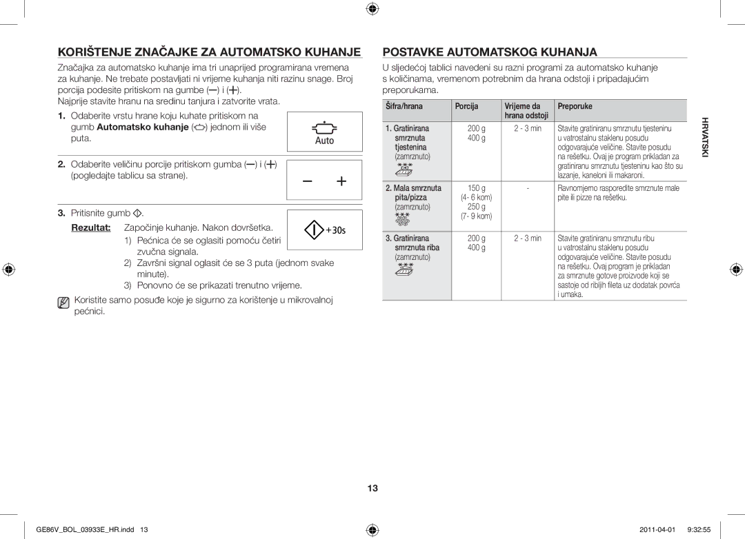 Samsung GE86V-SS/XEO, GE86V-SS/BOL, GE86V-WW/BOL Korištenje značajke za automatsko kuhanje, Postavke automatskog kuhanja 