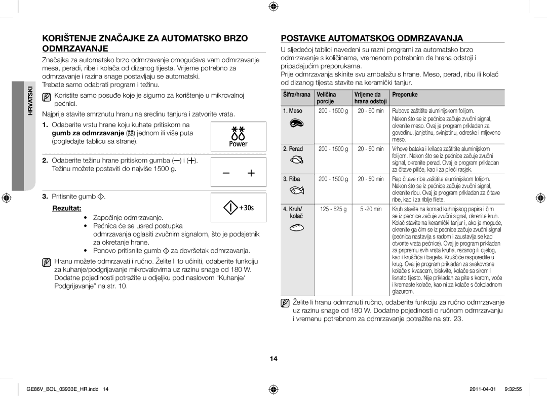 Samsung GE86V-SS/BOL manual Korištenje značajke za automatsko brzo odmrzavanje, Postavke automatskog odmrzavanja, Rezultat 