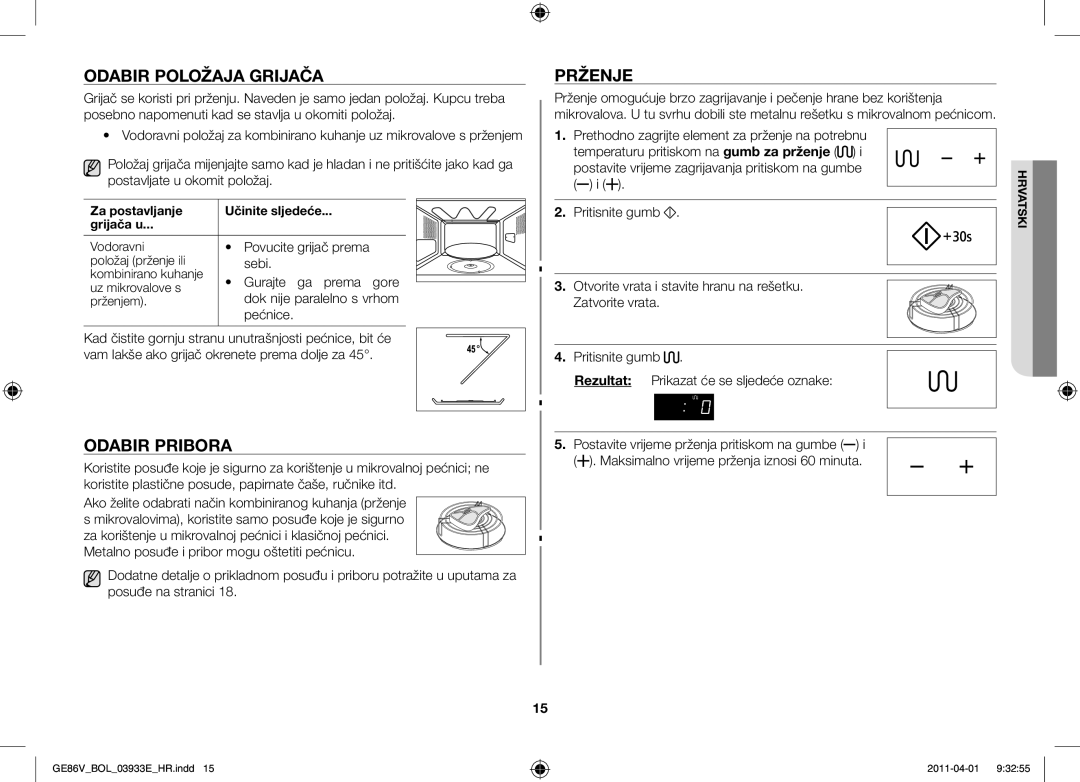 Samsung GE86V-WW/BOL, GE86V-SS/BOL, GE86V-SS/XEO manual Odabir položaja grijača, Odabir pribora, Prženje 