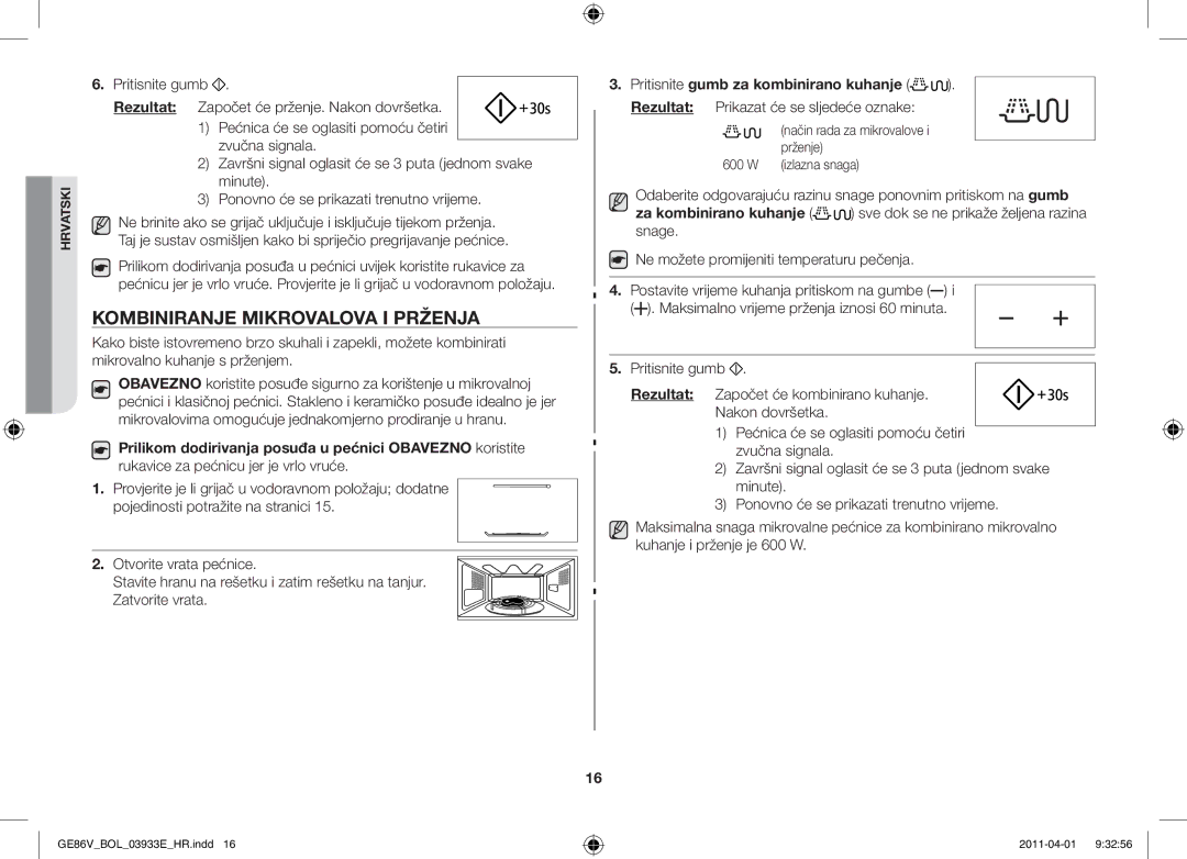 Samsung GE86V-SS/XEO, GE86V-SS/BOL, GE86V-WW/BOL Kombiniranje mikrovalova i prženja, Pritisnite gumb za kombinirano kuhanje 