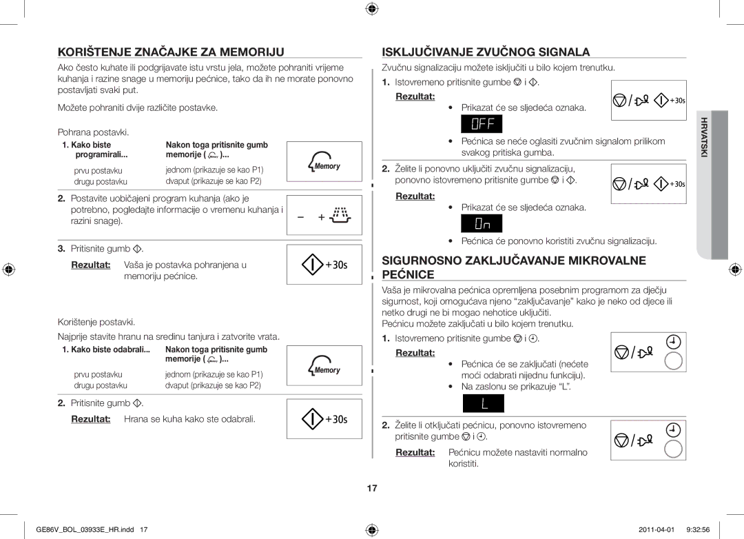 Samsung GE86V-SS/BOL, GE86V-WW/BOL, GE86V-SS/XEO manual Korištenje značajke za memoriju, Isključivanje zvučnog signala 