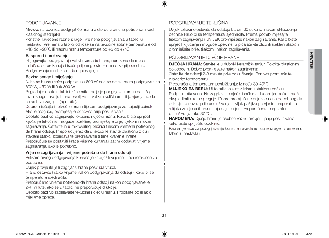 Samsung GE86V-WW/BOL, GE86V-SS/BOL, GE86V-SS/XEO manual Podgrijavanje Tekućina, Podgrijavanje Dječje Hrane 