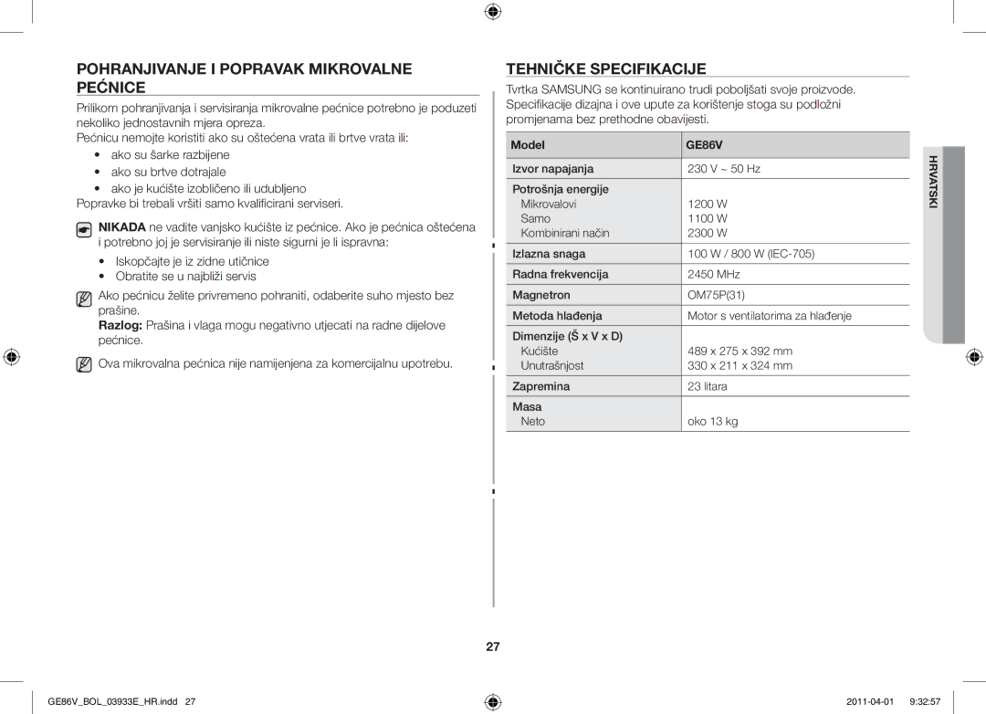 Samsung GE86V-WW/BOL, GE86V-SS/BOL, GE86V-SS/XEO Pohranjivanje i popravak mikrovalne pećnice, Tehničke specifikacije, Model 