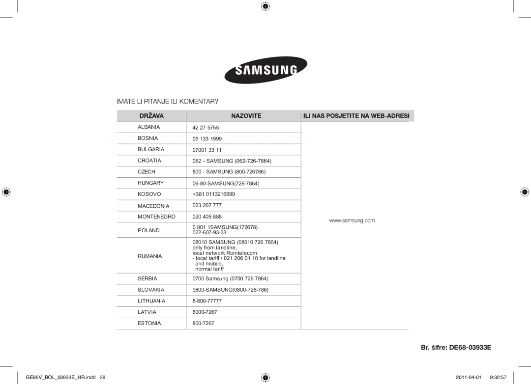 Samsung GE86V-SS/XEO, GE86V-SS/BOL, GE86V-WW/BOL manual Br. šifre DE68-03933E, 42 27 