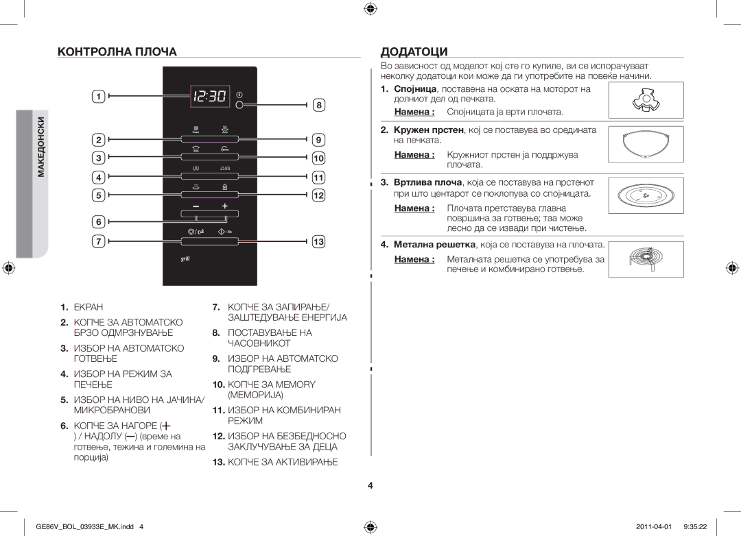 Samsung GE86V-SS/BOL, GE86V-WW/BOL, GE86V-SS/XEO manual Контролна плоча, Додатоци, Време на, Порција 