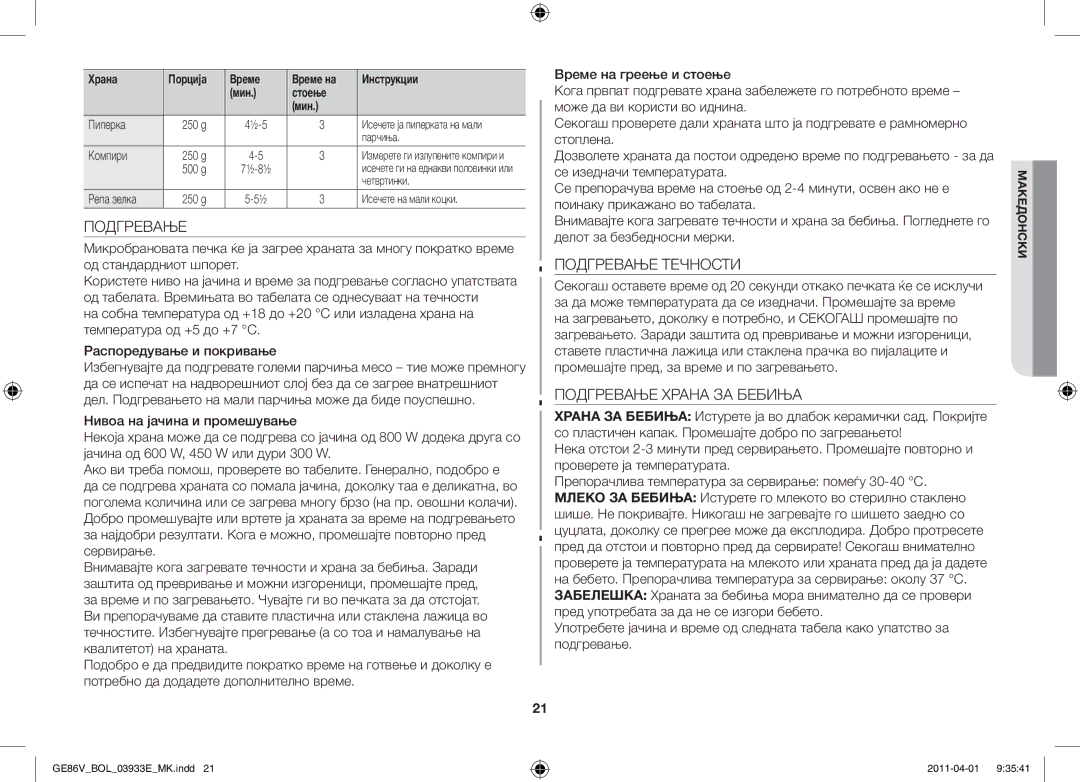 Samsung GE86V-SS/XEO, GE86V-SS/BOL, GE86V-WW/BOL manual Подгревање Течности, Подгревање Храна ЗА Бебиња 