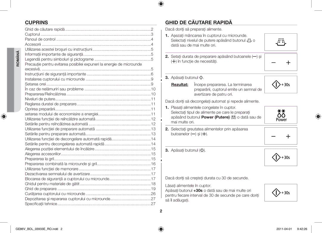 Samsung GE86V-SS/XEO, GE86V-SS/BOL, GE86V-WW/BOL manual Cuprins, Ghid de căutare rapidă 