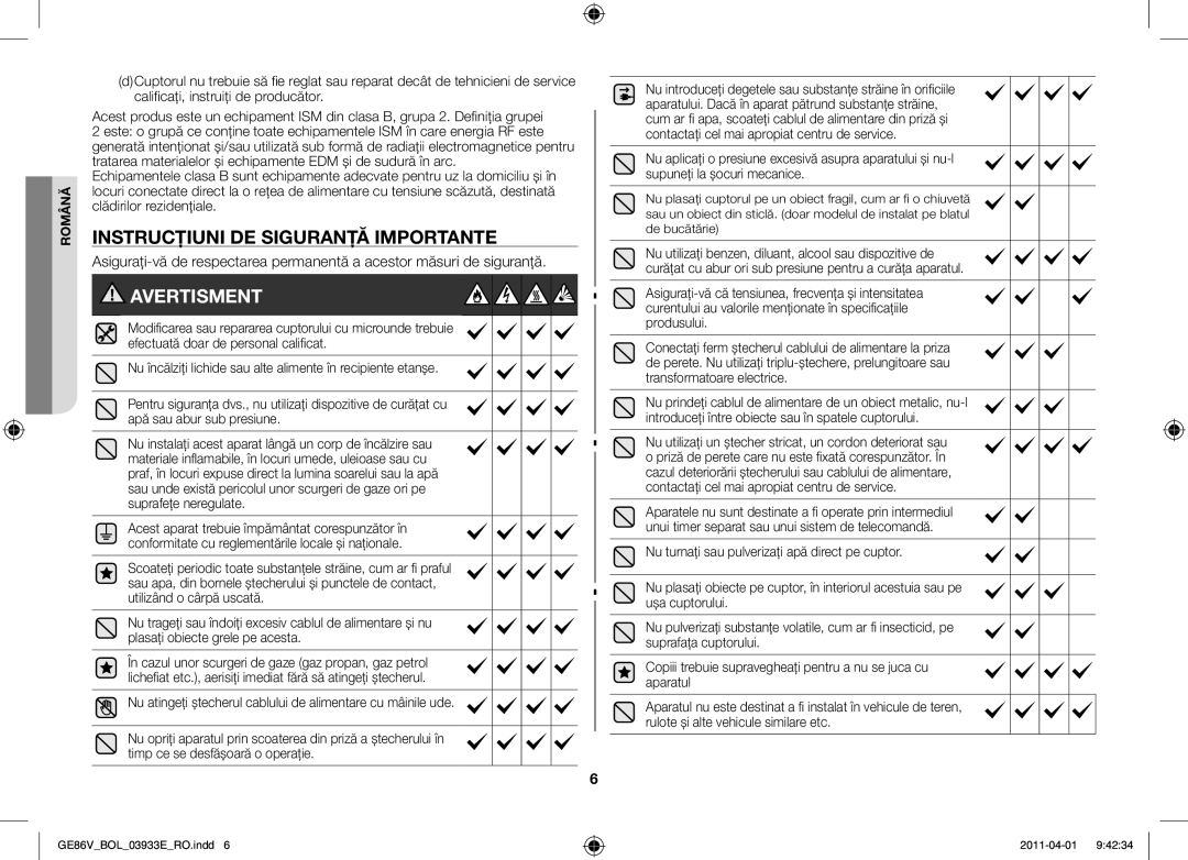 Samsung GE86V-SS/BOL, GE86V-WW/BOL, GE86V-SS/XEO manual Instrucţiuni de siguranţă importante, Avertisment 