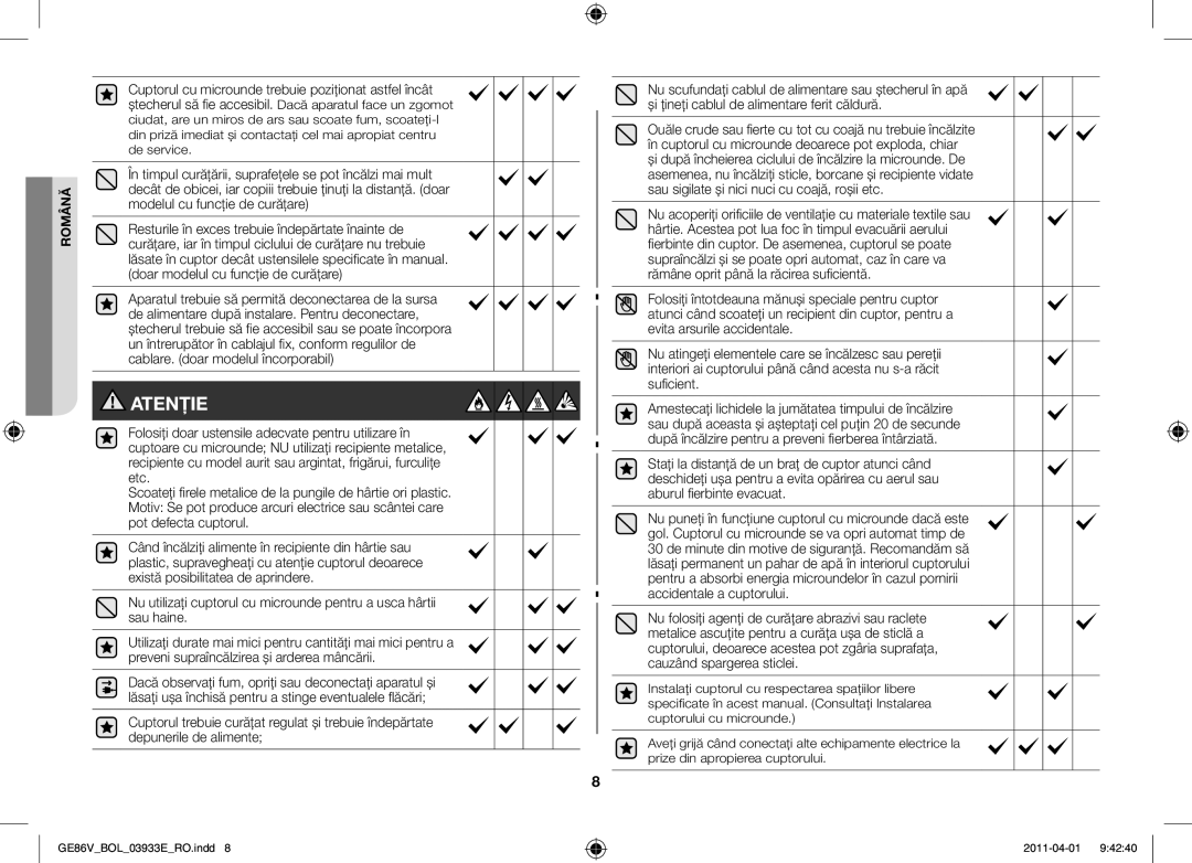 Samsung GE86V-SS/XEO, GE86V-SS/BOL, GE86V-WW/BOL manual Atenţie 