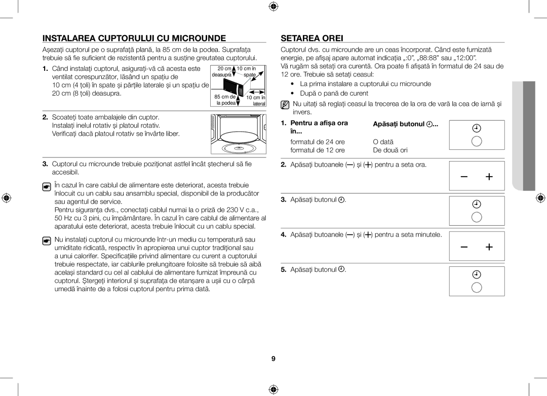 Samsung GE86V-SS/BOL, GE86V-WW/BOL manual Instalarea cuptorului cu microunde, Setarea orei, Invers, Pentru a seta ora 